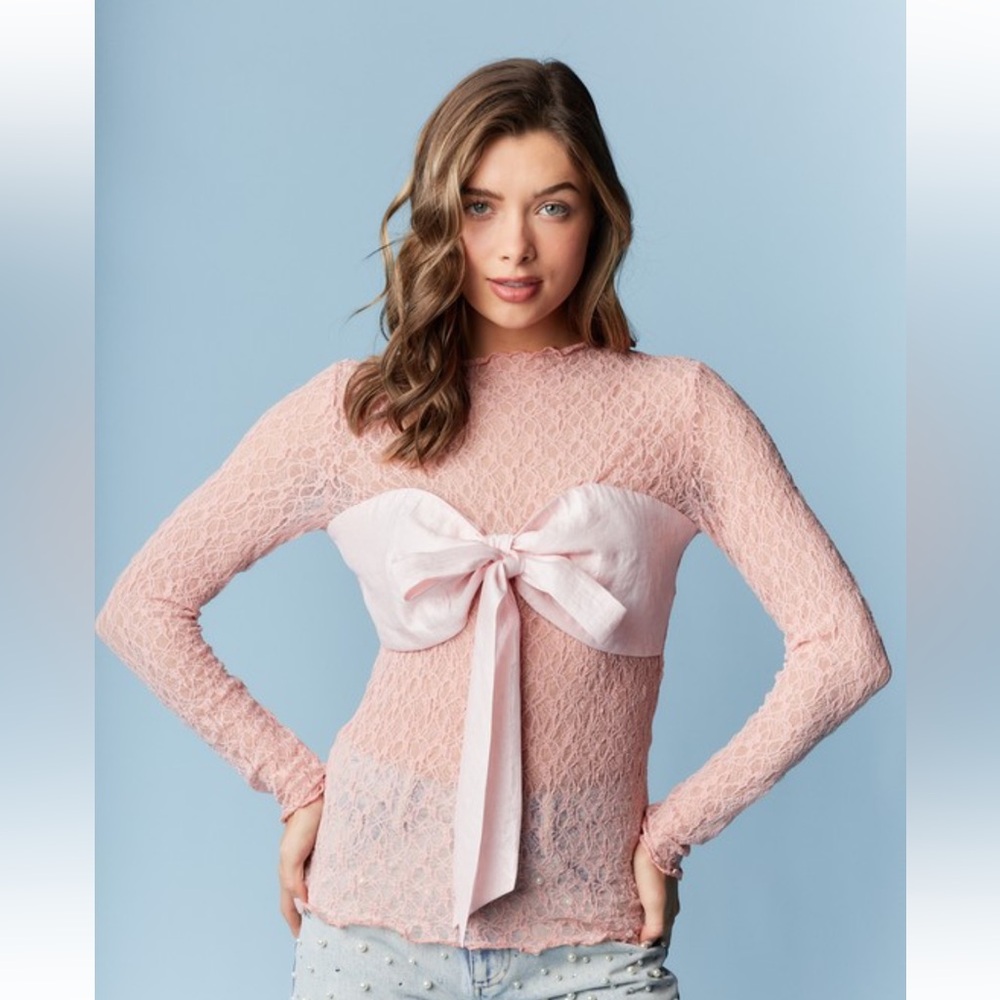 341. Lace Sheer Satin Bow Longsleeve Top in pink